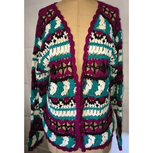 Vintage Crochet cardigan sweater AJ Brandon purple white teal black Size medium